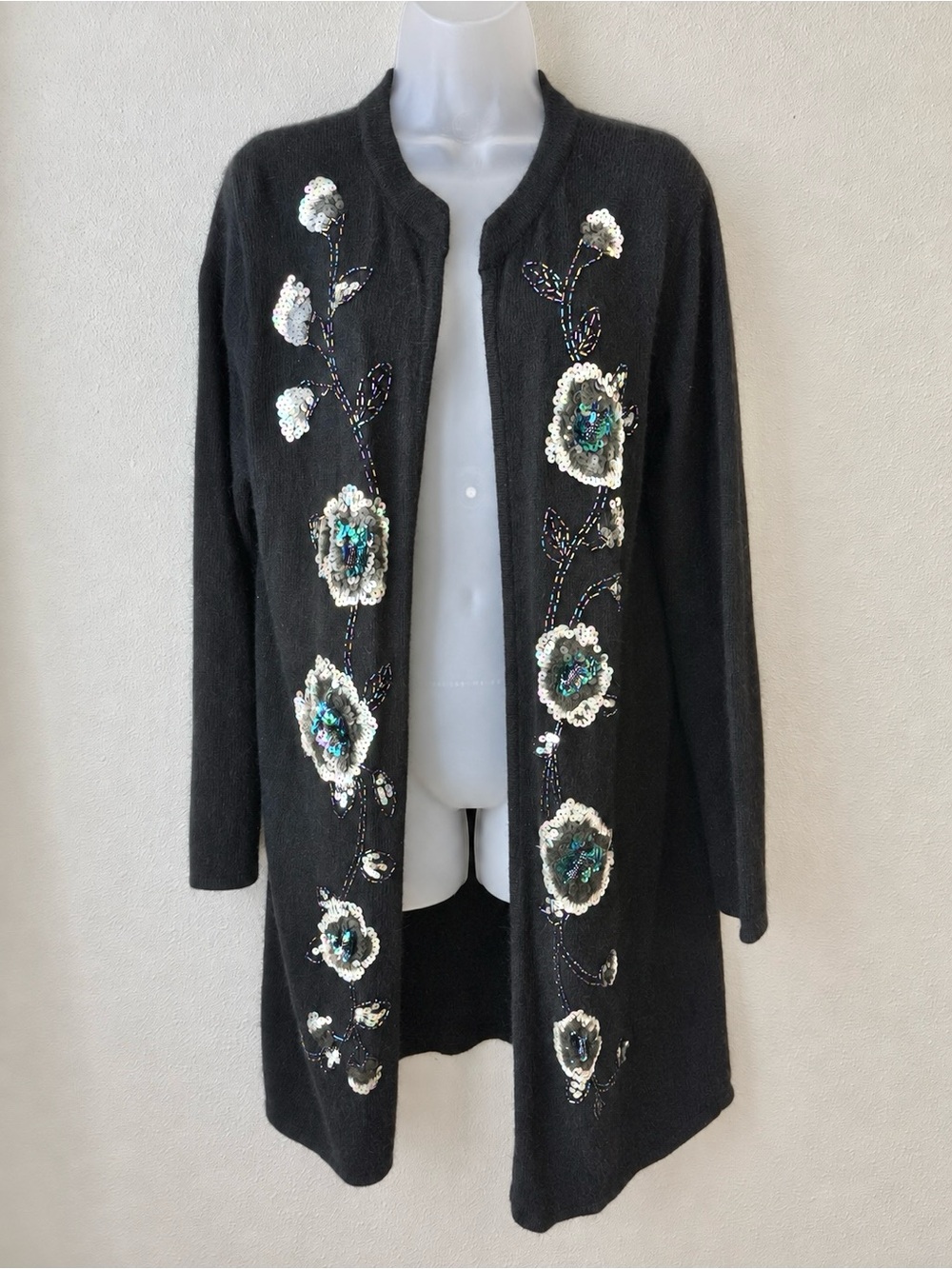 Victor Costa Large Black Open Cardigan Silk Angora Beaded Sequin